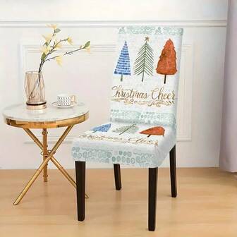 1/2/4/6/8 Juegos de fundas de silla impresas con un simple árbol de Navidad, decoradas con las palabras "Feliz Navidad". Diseño clásico, tela elástica, impresión digital, diseño de banda elástica, lavable a máquina, lavable a mano, fibra de poliéster 100%, adecuado para decoración navideña del hogar, fiestas y banquetes, y también adecuado como regalos de decoración navideña.