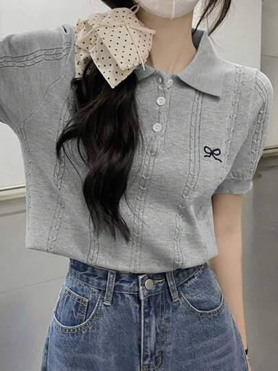 夏季韩版高领粗针织蝴蝶刺绣短袖上衣