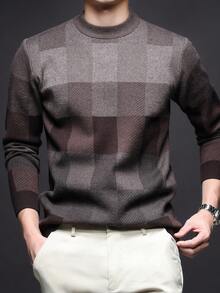 Men's Thick Round Neck Sweater, Business Casual Jacquard Knit Long Sleeve Top, Suitable For Layering Or Outerwear, Plaid & Striped Pattern, Autumn/Winter