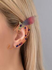 1 件手工铜线包裹的花翼和叶子耳夹耳环，无耳洞耳环夹，仙女耳饰，全新礼物