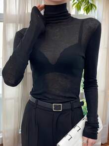 2025 New Black High Neck Undershirt For Women, Sheer Mesh Thin Long Sleeve T-Shirt, Autumn/Winter - Black - View 4