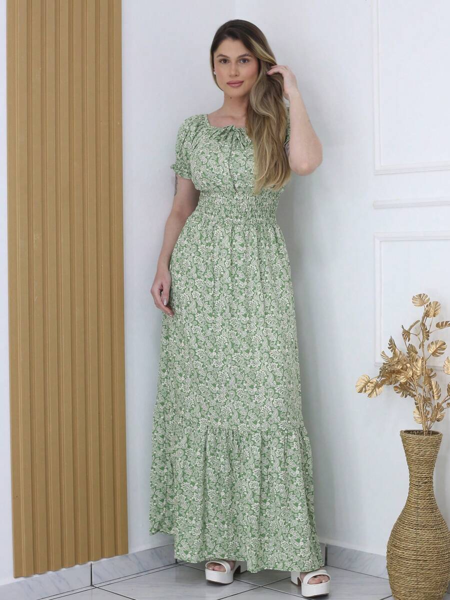 A&D Long Dress In VISCOSE LINEN With Floral Print And Elastic Lining - 綠色 - 查看 1
