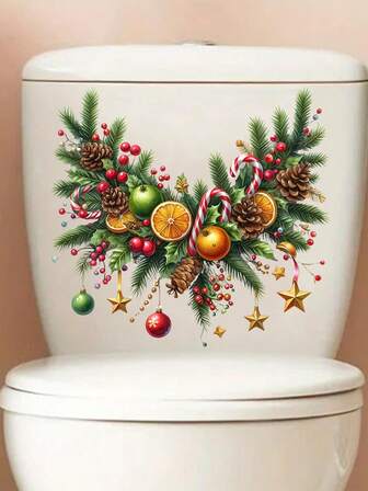 1PC Christmas Ball Pine Tree Toilet Lid Decal Stickerr-PVC Self-Adhesive Waterproof Removable Wall Glass Sticker,Perfect For Living Rooms, Christmas Bathroom Decor Home Beautification Decoration Festive Decoration, Etc, Make Hoom Decoration More Interesting
