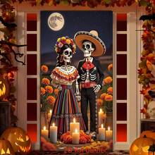 Fondo colorido de Día de los Muertos mexicano con banner plano 2D, calavera de azúcar multicolor, tocado floral, decoración de fiesta de poliéster duradero adecuado para Día de los Muertos, cumpleaños, boda, Halloween