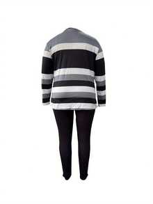 Plus Size Striped Long Sleeve Top And Solid Color Pants Set - Casual Polyester Blend With Pocket Detail, Medium Stretch Fabric, Round Neck Women'S Plus Size Outfit - 黑色 - 查看 2