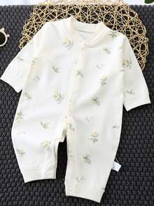 Baby Boy Cute Cartoon Print Front Button Romper, Infant Clothing Suitable For Spring And Autumn Seasons