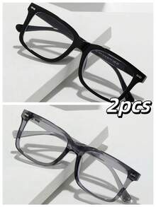 2 piezas Gafas de hombre con decoración metálica, estilo clásico retro con remaches, para campus/negocios con lentes transparentes (con correa para gafas)