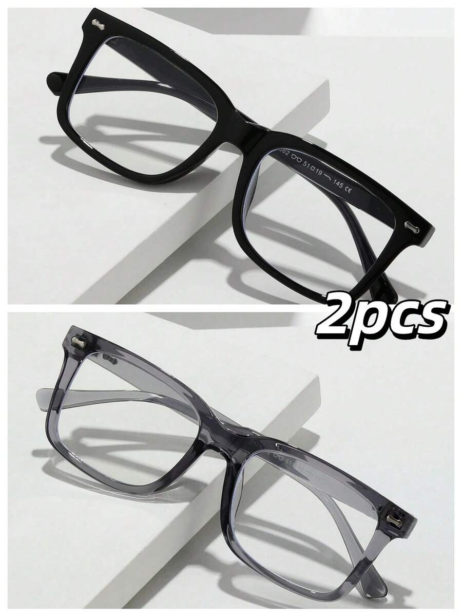 2 piezas Gafas de hombre con decoración metálica, estilo clásico retro con remaches, para campus/negocios con lentes transparentes (con correa para gafas)