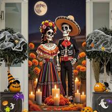 Fondo colorido de Día de los Muertos mexicano con banner plano 2D, calavera de azúcar multicolor, tocado floral, decoración de fiesta de poliéster duradero adecuado para Día de los Muertos, cumpleaños, boda, Halloween