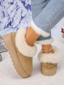 1 双厚底保暖内衬青少年雪地靴，适合室内外穿着，防滑，休闲，秋冬 - 卡其色 - 查看 8