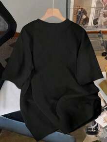 Camiseta de manga corta con cuello redondo, decoración de strass con estampado de corazón para mujeres - Multicolor 2 - Ver 2