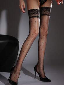 1双撞色蕾丝透明过膝长筒袜，亮面波点超薄1D修身舒适袜