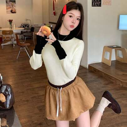대비 컬러 패치워크 니트 스웨터, 핏팅 롱 슬리브 풀오버, 가을/겨울용 다용도