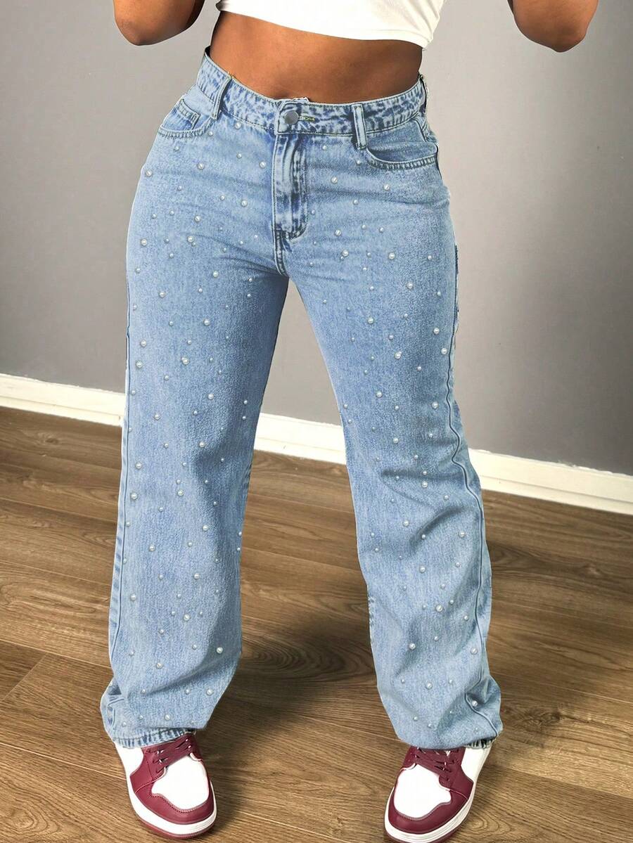 Mid-Rise Wide-Leg Jeans For Women - Jeans With Slanted Pockets And Pearl Decoration, Fashionable And Comfortable Wide-Leg Pants For Parties And Daily Wear - Light Wash - View 1