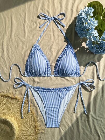 2pcs Plaid Casual Bohemian Plus Size Bikini Set, Suitable For Vacation, Night Out, Birthday Party, Singles Party, Travel, Beach, All Seasons