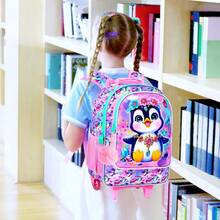 3PCS Penguin Rolling Backpack For Girls, Kids School Backpacks With Wheels, UV Printed Roller Wheeled Bookbag Set With Lunch Box
