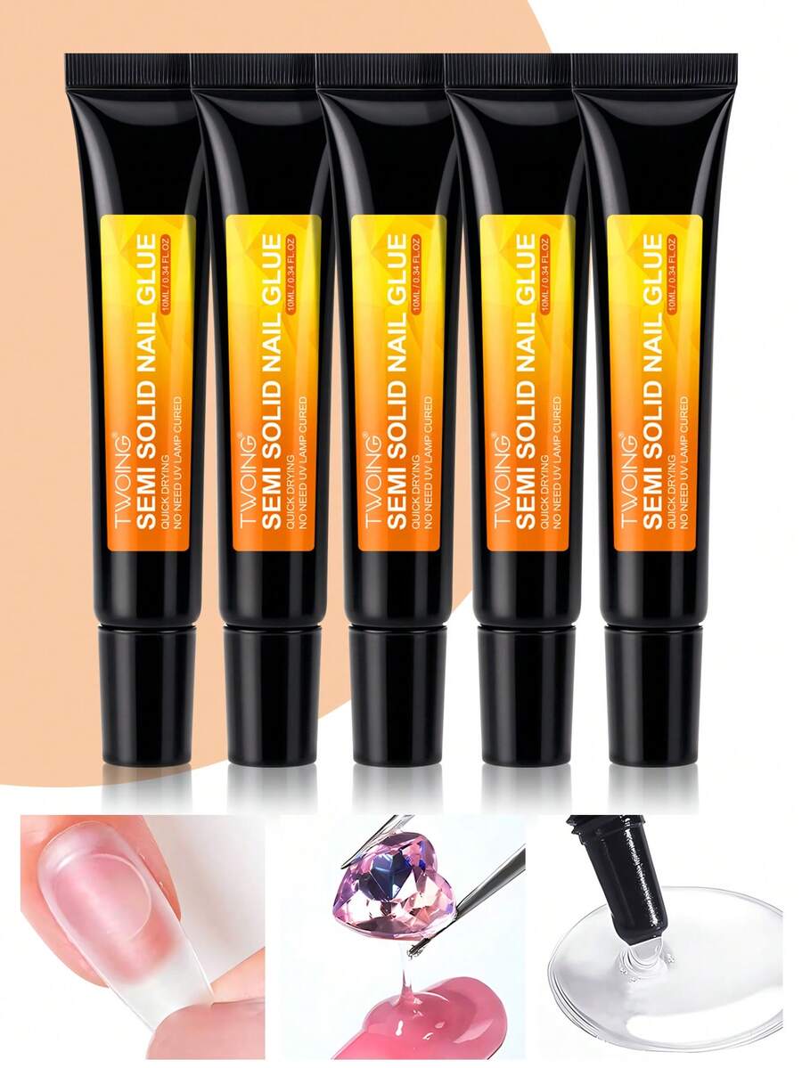TWOING 5pcs/2pcs Fast-Drying Nail Glue,Quick-Dry Nail Glue, Semi Solid Super Strong Adhesive, Waterproof, Long-Lasting, Fast-Drying, Formaldehyde-Free, Alcohol Free, Compatible With Acrylic & Fake Nails, Plastic, Universal Use, No UV Cure Needed