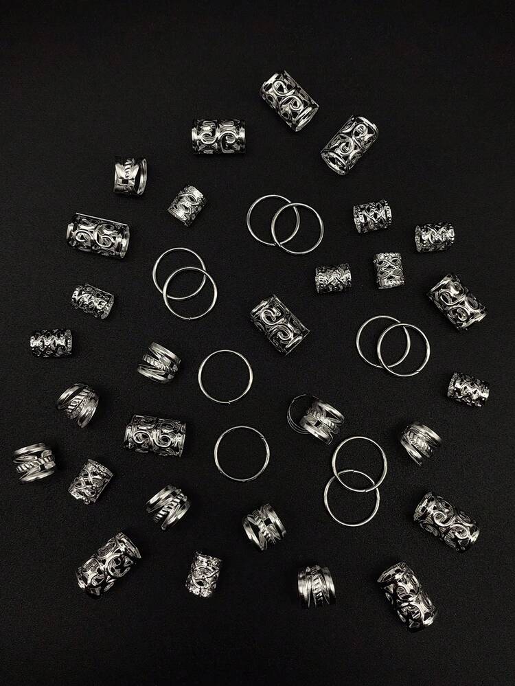 40pcs/Set Mixed Shape Dreadlock Hair Ties, Adjustable Hair Bands Suitable For Braiding Hairstyles, All Seasons - Silver - View 4