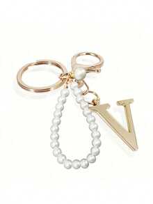 高级优雅金色珍珠字母钥匙扣，字母A-Z立体吊坠，优雅珍珠链闪钻（可根据个人喜好拆卸）时尚合金钥匙扣圈，耳机挂件，背包吊饰汽车钥匙扣 - 金色 - 查看 13