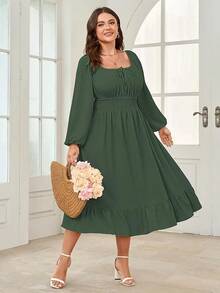 Women's Plus Size Midi Dress Long Sleeve Scoop Neck Elastic High Waist A Line Dresses Women Wedding Guest Dress - 軍綠色 - 查看 6