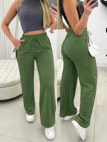 Promotion Women's High-Waisted Wide-Leg Pants With Pocket - Army Green - View 1