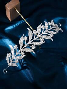 1pc Women Rhinestone Leaf Decor Glamorous Bride Headband For Wedding Party Elegant Tiaras Valentine's Day Accessories - Silver - View 13