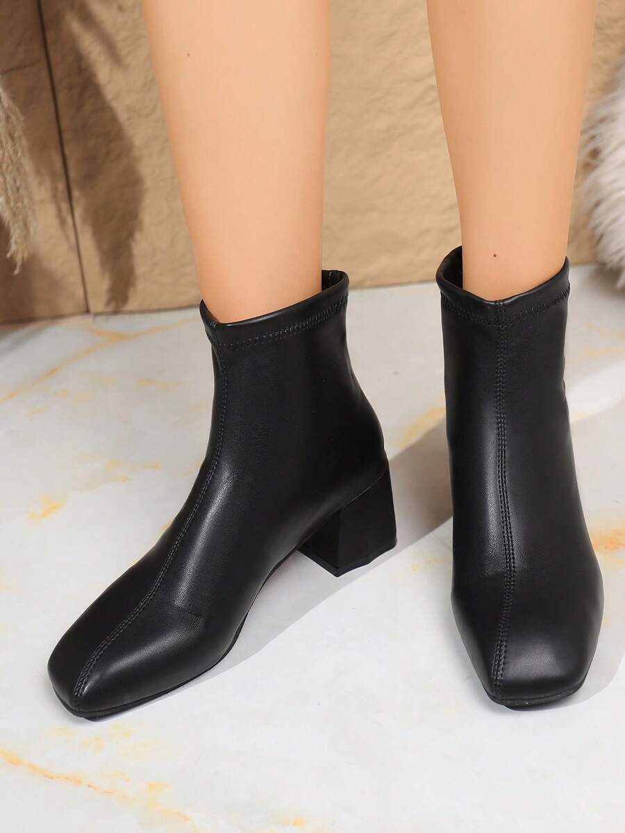 Square Toe Short Ankle Boots For Women, Autumn, Chunky Heel, Fashion Versatile, Soft Leather, Elastic Ankle Boots, High Heel