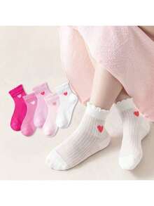 3/5/8 双女孩喜爱的中筒袜，女孩短袜，可爱的粉色心形组合，适合所有季节和日常生活，学校袜，派对袜，礼物袜，新年袜 - 彩色 - 查看 5