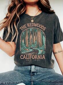 1PC, Women'S California Redwoods Graphic T-Shirt - Casual Short Sleeve Crew Neck, Nature-Inspired Design With Vibrant Forest Print, Perfect For Spring & Summer Outdoor AdventuresS-XXL - Màu xám đen - Xem 1