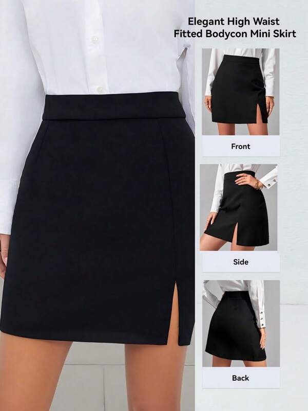 2025 New Spring/Summer Women Elegant High Waist Fitted Bodycon Mini Skirt With Slit, Minimalist Daily Wear