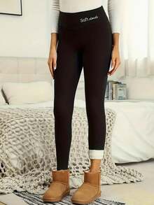 Soft Clouds Fleece Lined Leggings Women - Black Thick Soft High Waisted Black Tummy Control Thermal Warm Pants For Cold Winter - Black - View 6