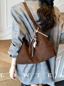 1pc Low Tea Solid Color Suede Fabric Shoulder Bag, Women's Vintage Casual Large Capacity One Shoulder Messenger Bag, Double Handle Design, Zipper Closure, Pleated Design, Magnetic Snap Closure, Suitable For Daily Shopping (Sold With Pendant) - Coffee - View 8