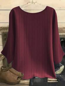 大码休闲百搭纯色T恤 - 酒紅色 - 查看 2