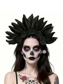 1 件女士优雅哥特式羽毛玫瑰发饰，搭配黑玫瑰 - 天然羽毛发饰，适合万圣节、圣诞节和狂欢派对、舞蹈、摄影和服装 - 彩色 - 查看 5