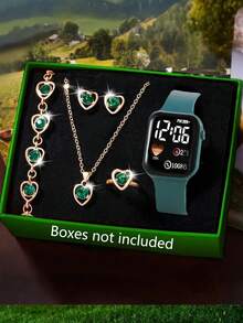 Bộ 6 món gồm đồng hồ điện tử hình trái tim LED dễ thương, dây đeo silicon, kèm vòng tay, dây chuyền, nhẫn và bông tai. Thích hợp làm quà tặng, đi học, lễ tốt nghiệp, cho học sinh, tựu trường, tiệc tùng, du lịch, sinh nhật, và là món quà hoàn hảo cho các bé gái. - Nhiều màu - Xem 7