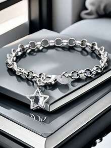 1 pieza Pulsera de plata de ley 925 con pentágono y cristal de circonita, joya de regalo versátil y minimalista de moda para mujeres - Plateado - Ver 3