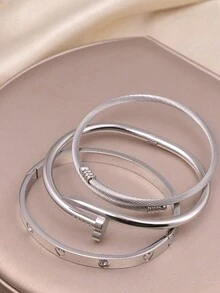 3 件时尚不锈钢高品质花朵锆石女士手镯指甲手链首饰套装，适合日常佩戴 - 銀色 - 查看 2