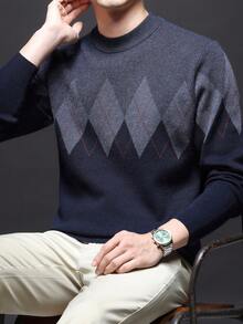 男士厚圆领毛衣，商务休闲提花针织长袖上衣，百搭叠穿单品，格子条纹图案，秋冬