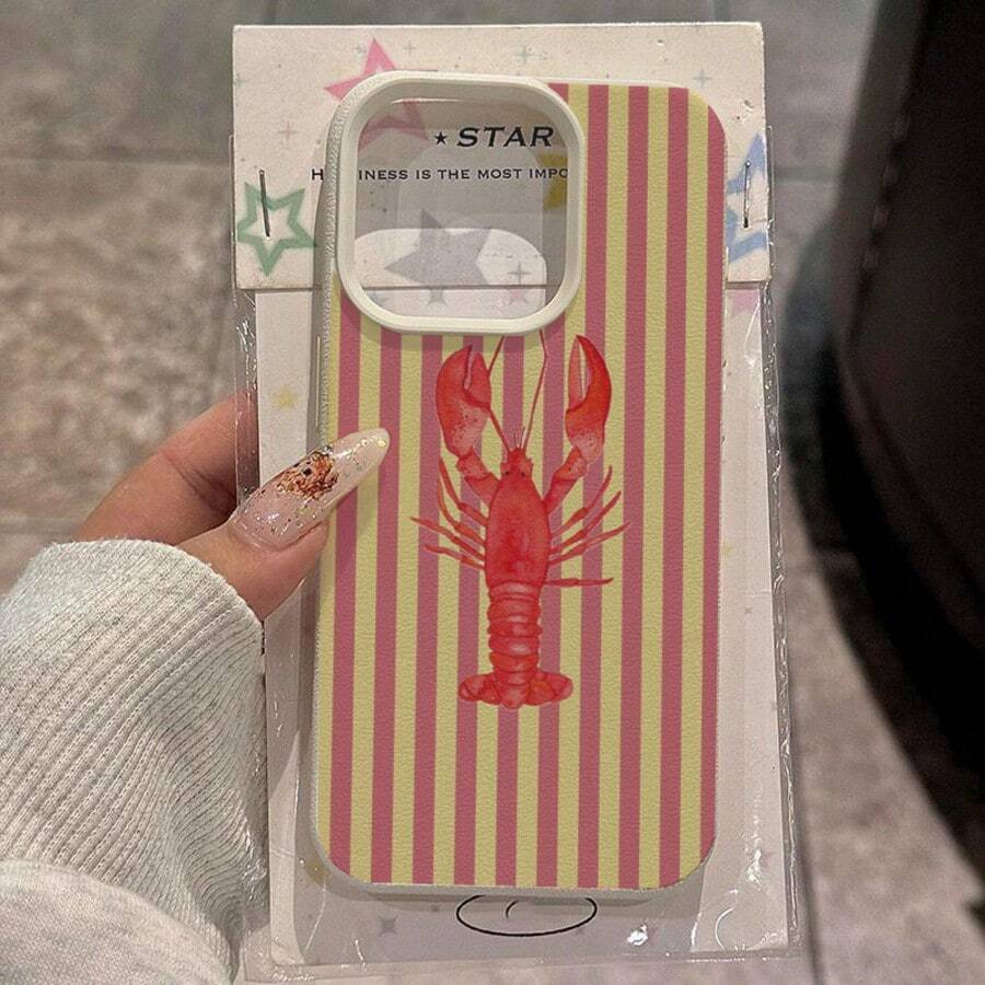 1pc Vintage Pink Striped Lobster Pattern TPU Phone Case Compatible With Apple/ Phones, International Version, Not The Domestic Version - White - View 1