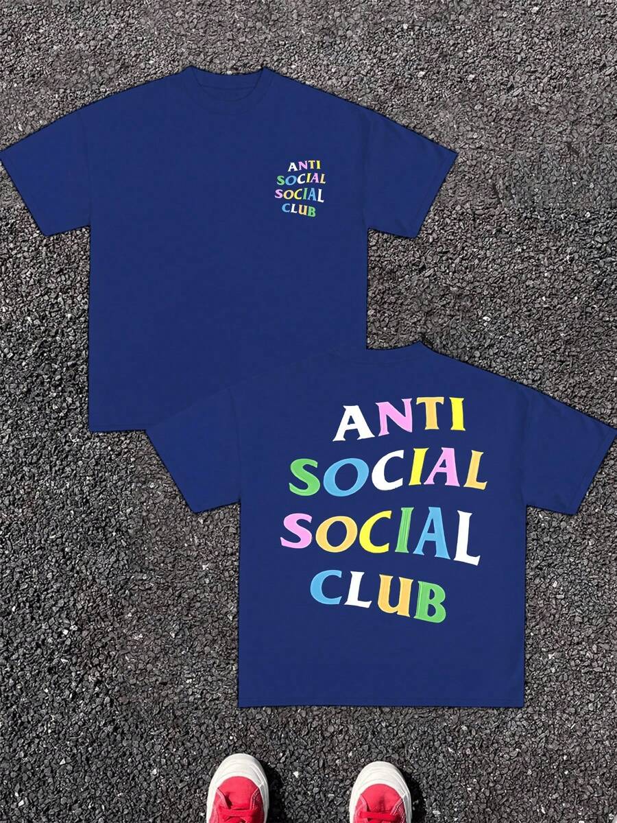 Anti Social Club Double Sided Digital Printed 220g Casual T Shirt 1pcs Men's Streetwear 100% Cotton Graphic Tee Relaxed Fit Tee For Urban Style - Màu xanh lam - Xem 1