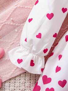 Rochie pentru fete cu imprimeu de inimă, guler Peter Pan, albă, imprimeu integral cu inimioare roz, guler Peter Pan și design cu fundă mare, stil dulce de prințesă. Potrivită pentru petreceri de ziua de naștere, dans, spectacole școlare. Primăvara, toamna, iarna.