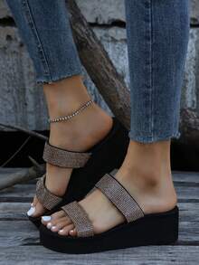 Dép đi biển đế dày chống trượt đính đá thời trang mùa hè mới cho nữ, dép cao gót quai đôi, thích hợp cho các hoạt động ngoài trời, bãi biển, đám cưới, kỳ nghỉ, dép xỏ ngón đế xuồng màu đen - Thỏi kim cương vàng - Xem 2