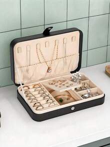 1pc PU Jewelry Storage Box, Portable Travel Jewelry Organizer, Vanity Storage Container, Multi-Compartment Travel Jewelry Display Box, Storage Gift Box, Display Box, Simple Flip Cover, Large Capacity, Suitable For Storing Rings, Necklaces, Earrings, Watches, Lipsticks And Other Accessories, Bedroom Accessories, Outdoor Travel Supplies, -Button Closure, Beautiful International Style, Suitable For Travel And Home, Ideal Gift For Girls
