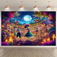 2D Flat 1pc Classic Polyester Day Of The Dead Banner, Floor Standing, Multipurpose, No Electricity Needed, Vibrant Skeleton & Mexican Costume Design, Suitable For Garden Party And All Season Outdoor Decor