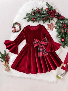 Young Girl' Luxurious Princess Style Velvet Plaid Bow Decor Dress. Velvet Fabric With A Glossy Sheen, Soft And Smooth. Burgundy Velvet Dress Body, Retro And Eye-Catching Flared Sleeves, Plaid Big Bow Adds Sophistication. Suitable For Birthday Parties, Christmas Galas, Stage Performances, Autumn/Winter. - Red - View 1