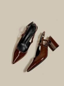 女士咖啡棕色漆皮尖头单带粗跟高跟鞋，优雅尖头正式高跟鞋，时尚露跟高跟鞋 - 咖啡棕 - 查看 3