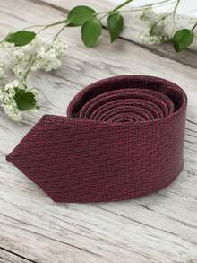 Luxury Men's Skinny Tie Polyester Silk Solid Color Polka Dots Slim Jacquard Groomsmen Tie - 酒紅色 - 查看 4