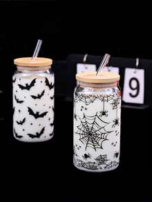 1pc Cute Halloween Glass Cup With Bamboo Lid & Reusable Straw - 500ml Jar Design, Bat, Spider, Ghost & Floral Decor, Suitable For Beer, Juice, Iced Coffee - Halloween Party Decor & Summer Beverage Container, Fun Drinking Glass, Bat Pattern, Durable Glass, Themed Glass Cup, Trick Or Treat