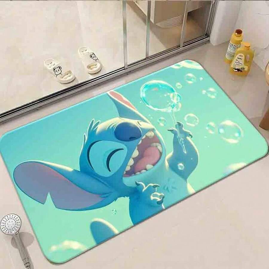 1 pieza Felpudo de entrada con diseño impreso de Disney, Stitch jugando con burbujas - Camiseta con personaje de dibujos animados adorable y divertida, de algodón suave y transpirable, perfecta para verano, playa, uso casual, regalo de cumpleaños o festividad para fans. Fácil de limpiar, absorbente y antideslizante, decorativo para piso, baño o pasillo.