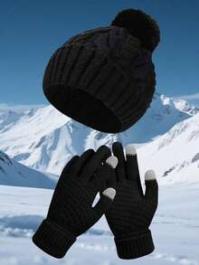 2pcs Set Women's Knitted Beanie Hat And Soft Touchscreen Gloves, Outdoor Sports Pom Pom Hat, Cycling Warm Thick Knitted Gloves, Winter Warm Gift (Black) Solid Color Hat And Gloves Fluffy - Black - View 2